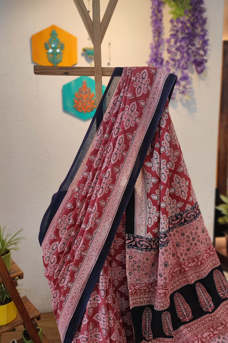 Pink Cotton Saree with Paisley Print, Navy Border & Printed Pallu