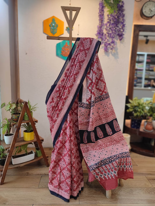 Pink Cotton Saree with Paisley Print, Navy Border & Printed Pallu