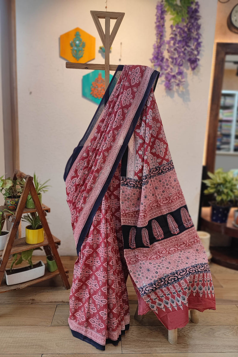 Pink Cotton Saree with Paisley Print, Navy Border & Printed Pallu