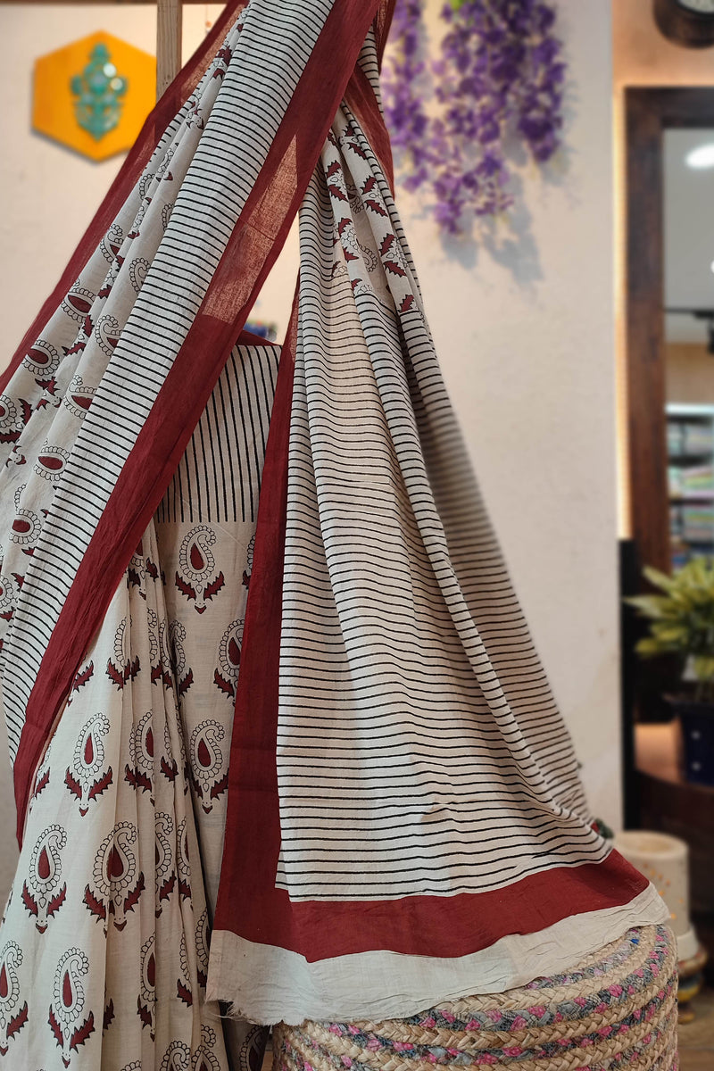 Off-White Cotton Saree with Maroon Paisley Print & Striped Pallu