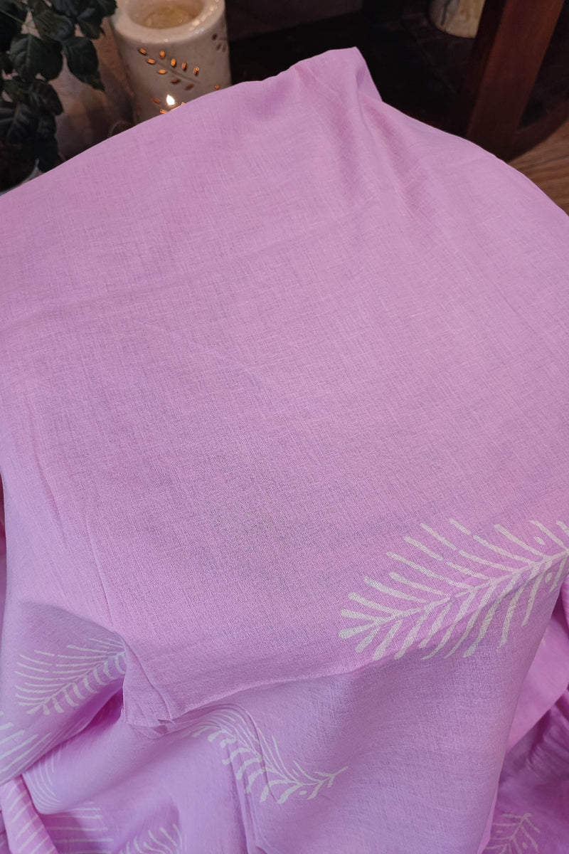 Lavender Pink Cotton Saree with White Stripes & Leaf Print