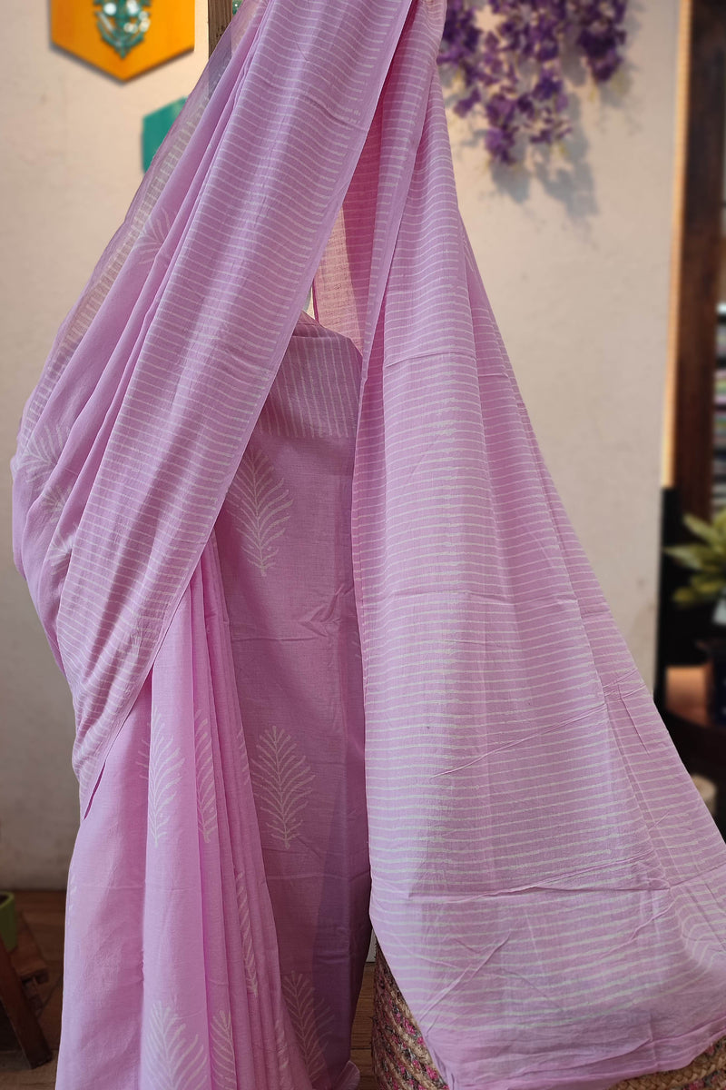 Lavender Pink Cotton Saree with White Stripes & Leaf Print