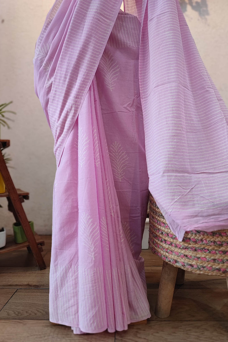 Lavender Pink Cotton Saree with White Stripes & Leaf Print