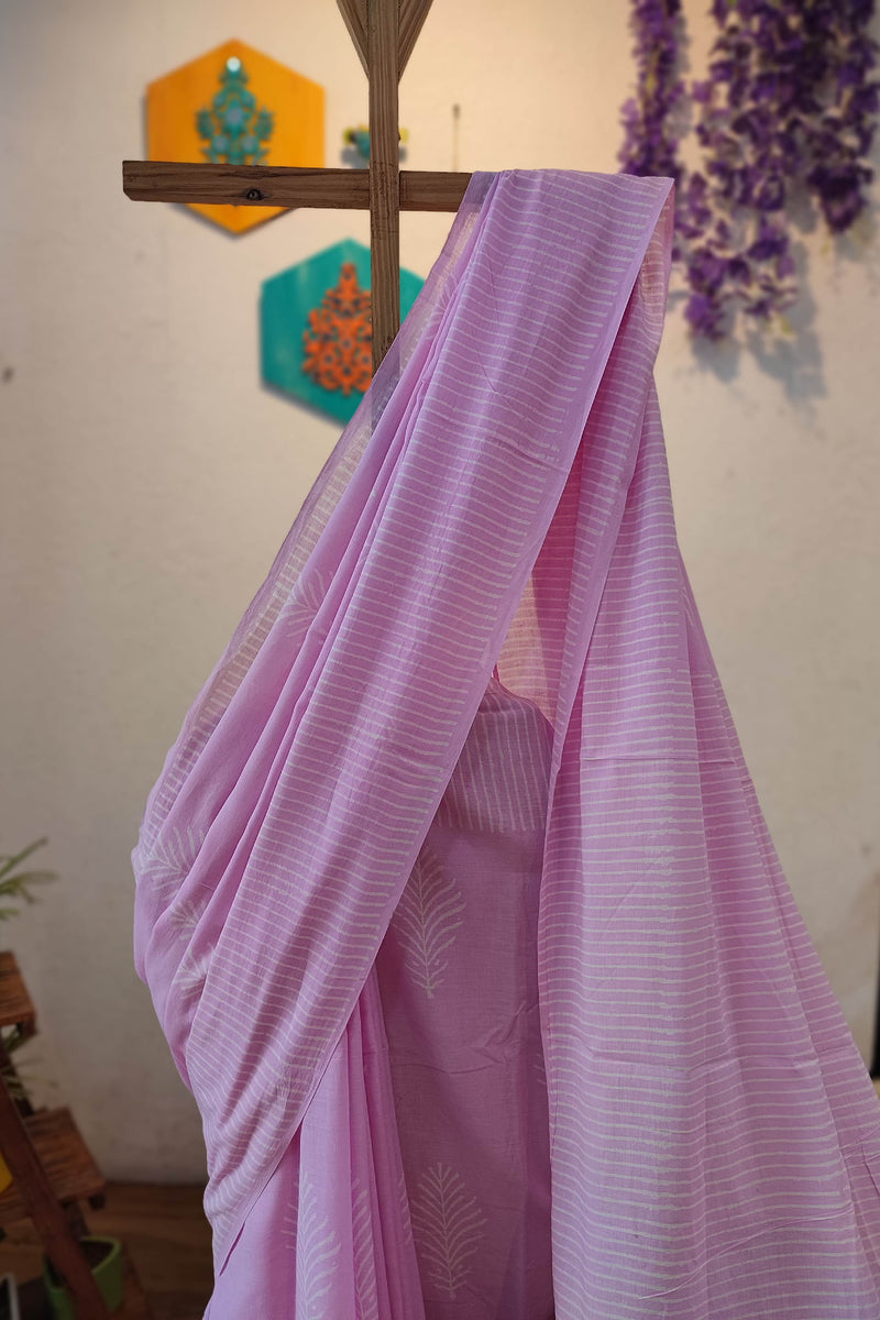 Lavender Pink Cotton Saree with White Stripes & Leaf Print