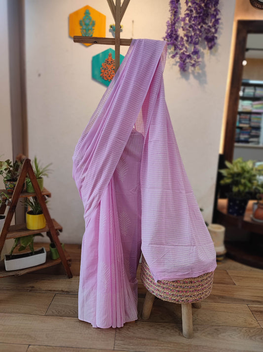 Lavender Pink Cotton Saree with White Stripes & Leaf Print