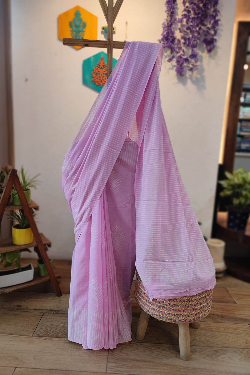 Lavender Pink Cotton Saree with White Stripes & Leaf Print