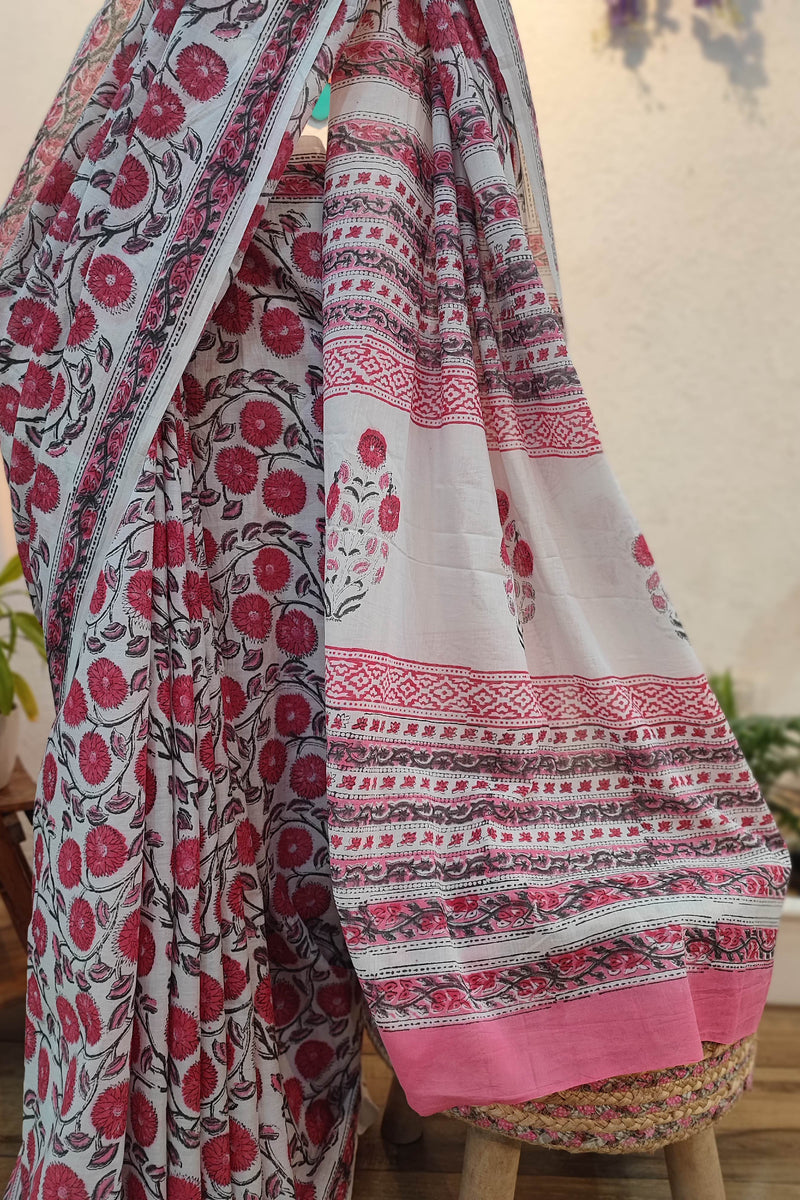 White Cotton Saree with Pink Floral Print & Traditional Printed Pallu