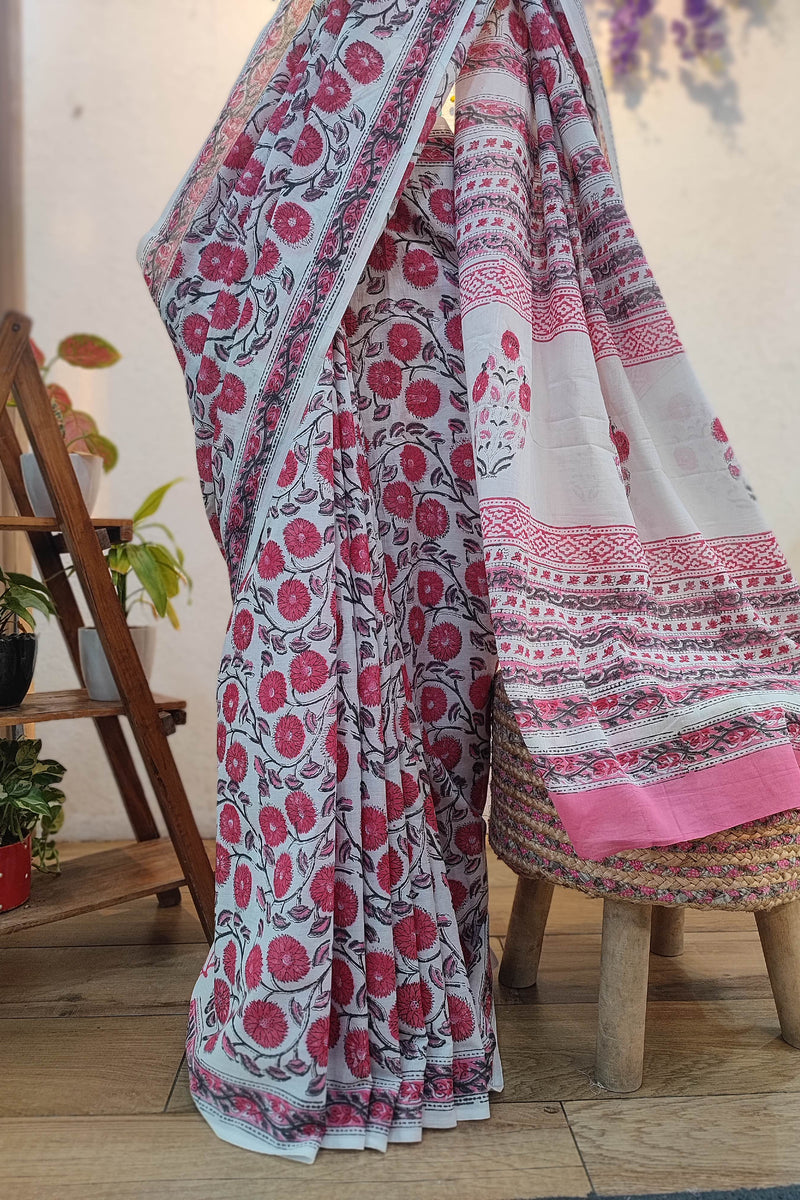 White Cotton Saree with Pink Floral Print & Traditional Printed Pallu