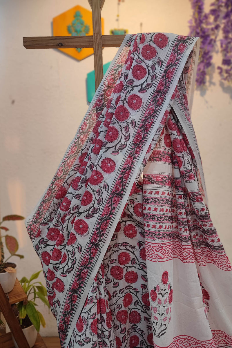 White Cotton Saree with Pink Floral Print & Traditional Printed Pallu