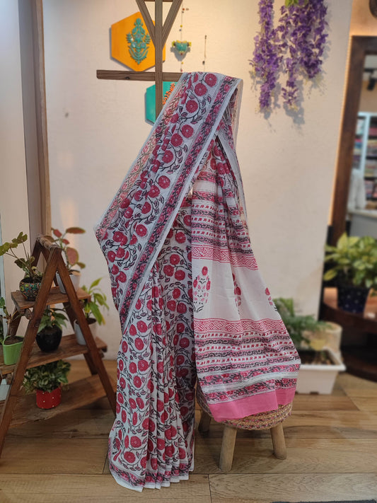 White Cotton Saree with Pink Floral Print & Traditional Printed Pallu