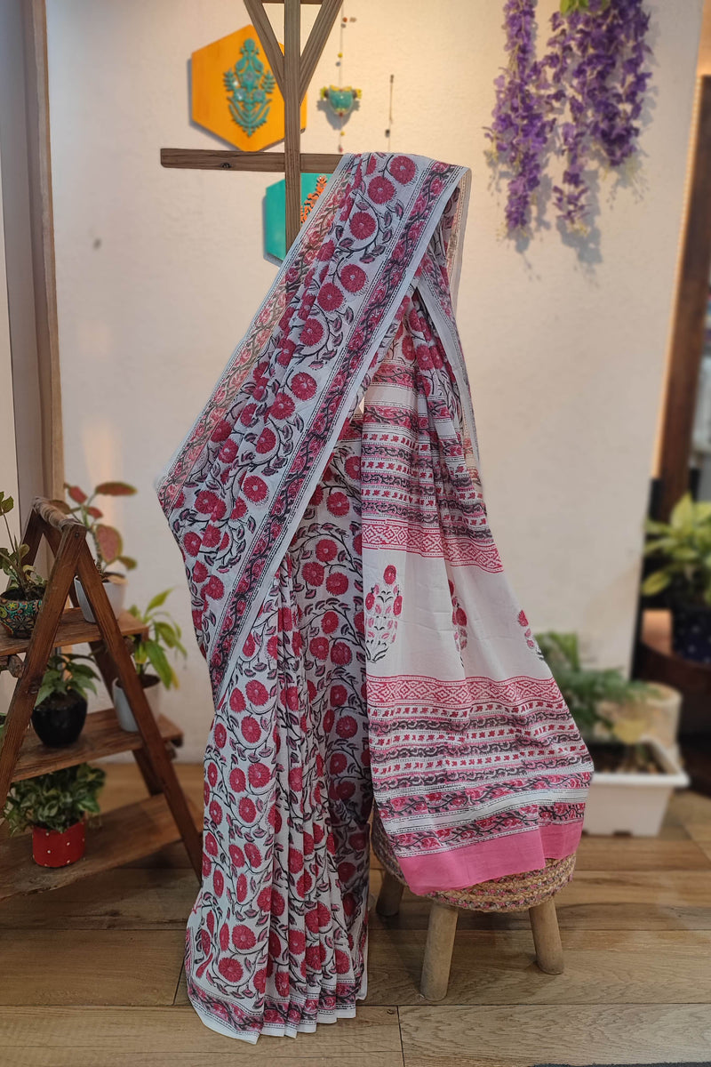 White Cotton Saree with Pink Floral Print & Traditional Printed Pallu