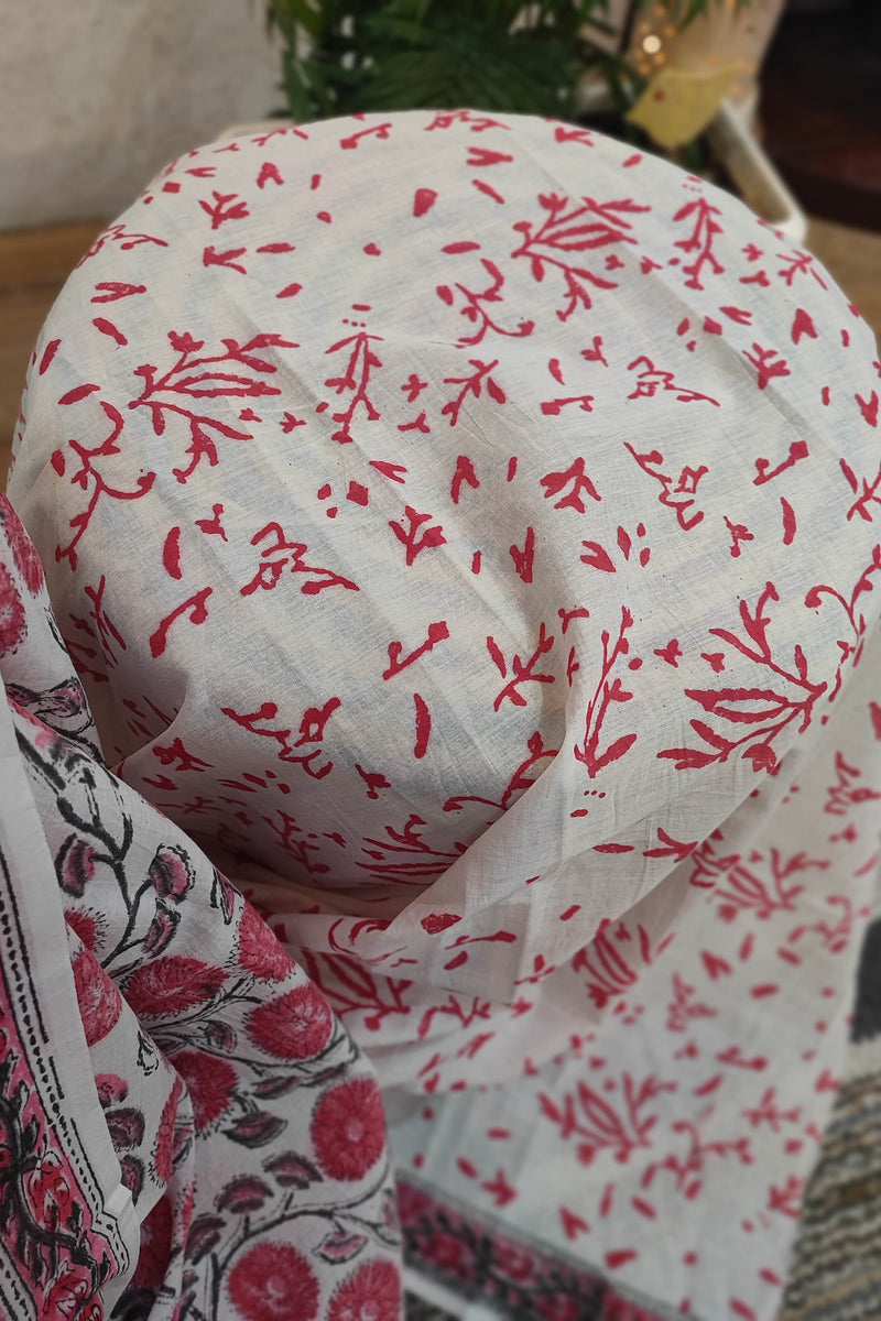 White Cotton Saree with Pink Floral Print & Traditional Printed Pallu