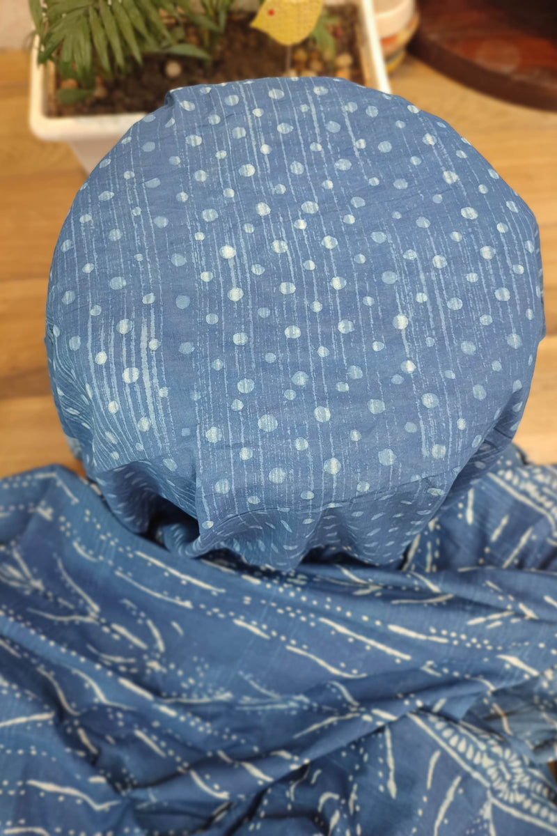 Indigo Blue Cotton Saree with White Block Print & Floral Pallu
