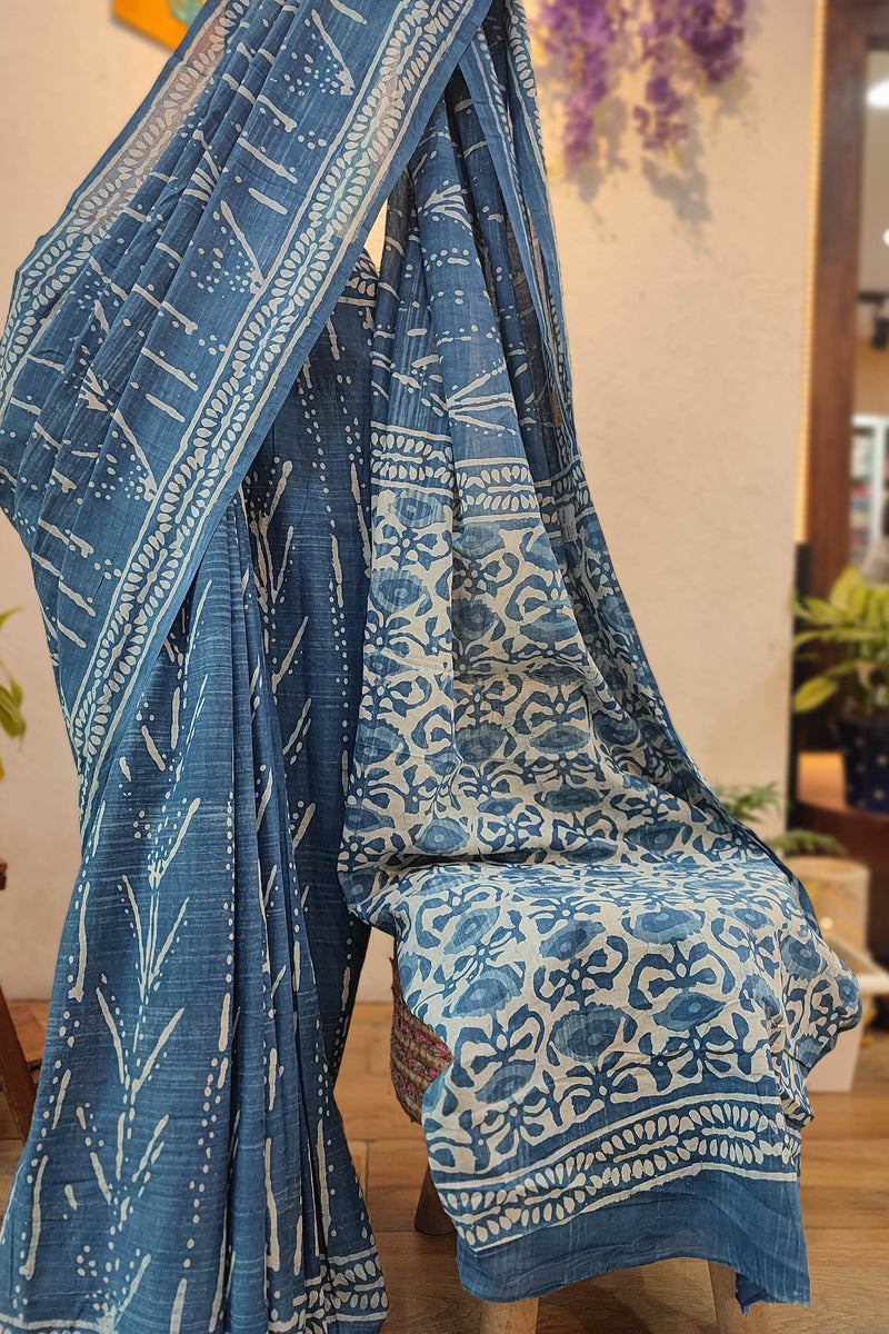 Indigo Blue Cotton Saree with White Block Print & Floral Pallu