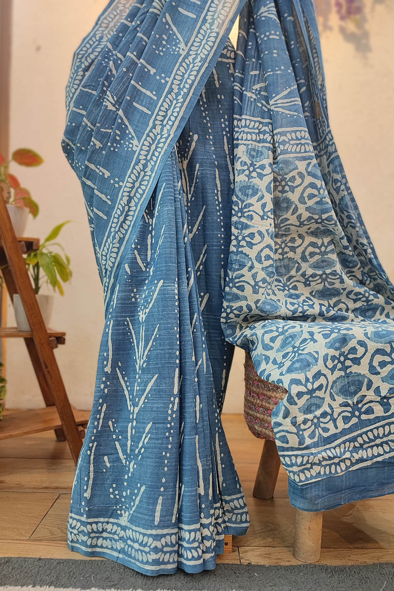 Indigo Blue Cotton Saree with White Block Print & Floral Pallu