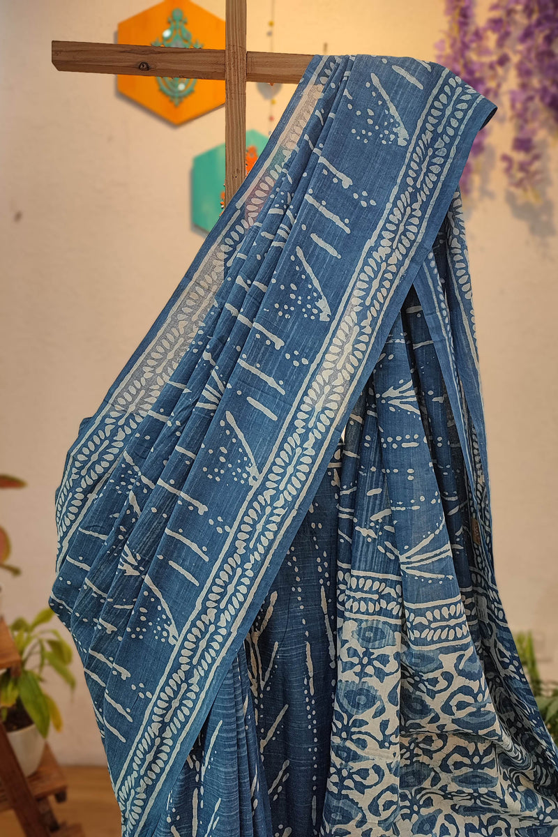 Indigo Blue Cotton Saree with White Block Print & Floral Pallu