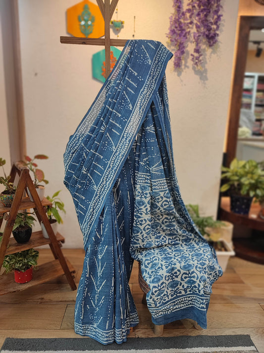 Indigo Blue Cotton Saree with White Block Print & Floral Pallu