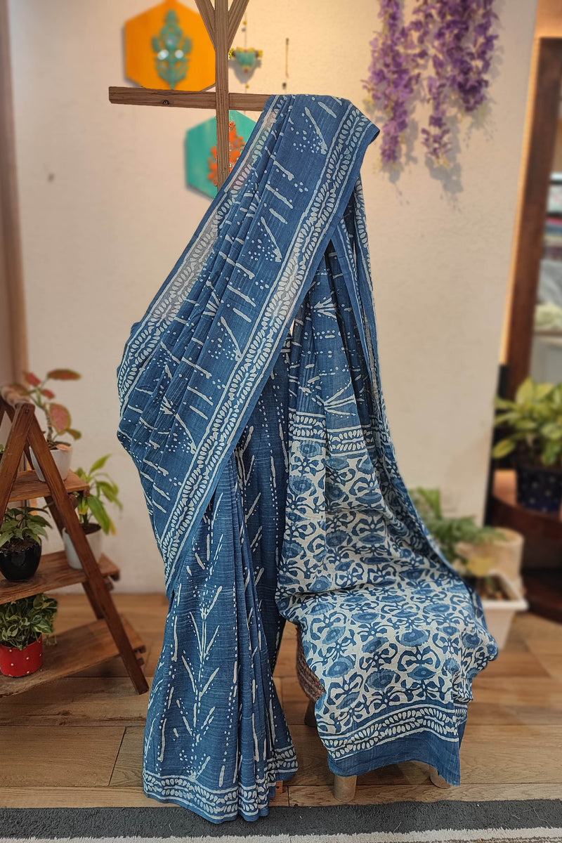 Indigo Blue Cotton Saree with White Block Print & Floral Pallu
