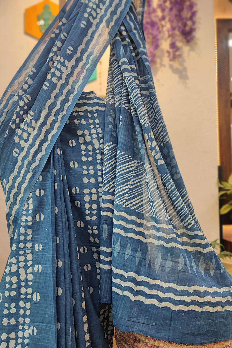 Indigo Blue Cotton Saree with White Wave & Dotted Printed Design