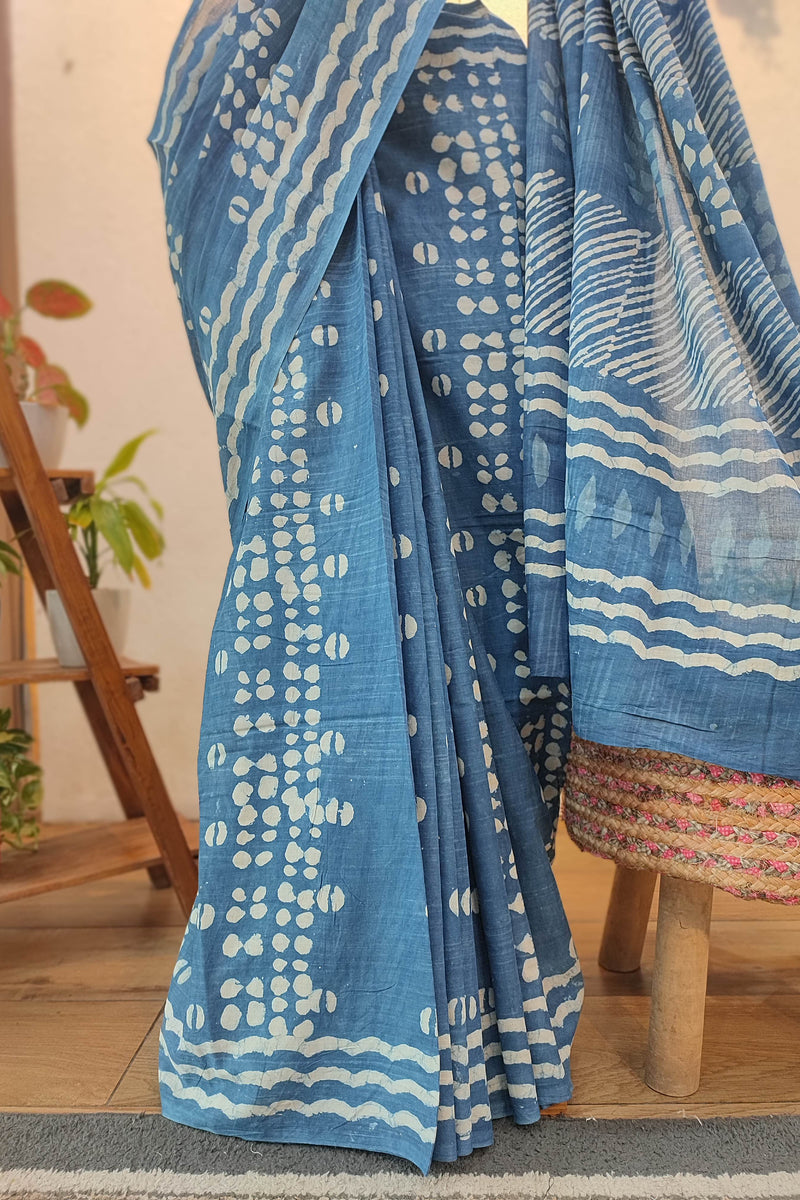 Indigo Blue Cotton Saree with White Wave & Dotted Printed Design