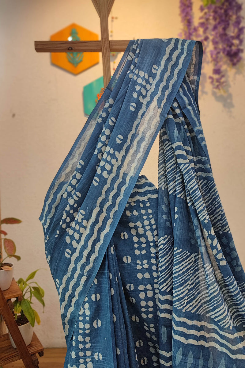 Indigo Blue Cotton Saree with White Wave & Dotted Printed Design