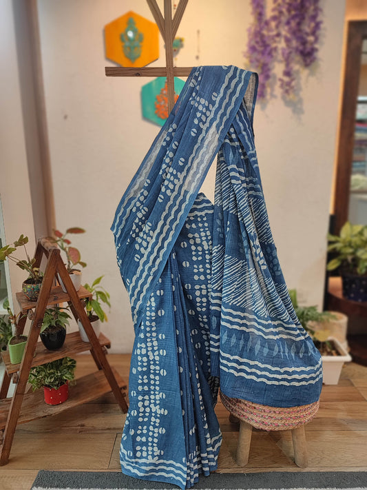 Indigo Blue Cotton Saree with White Wave & Dotted Printed Design