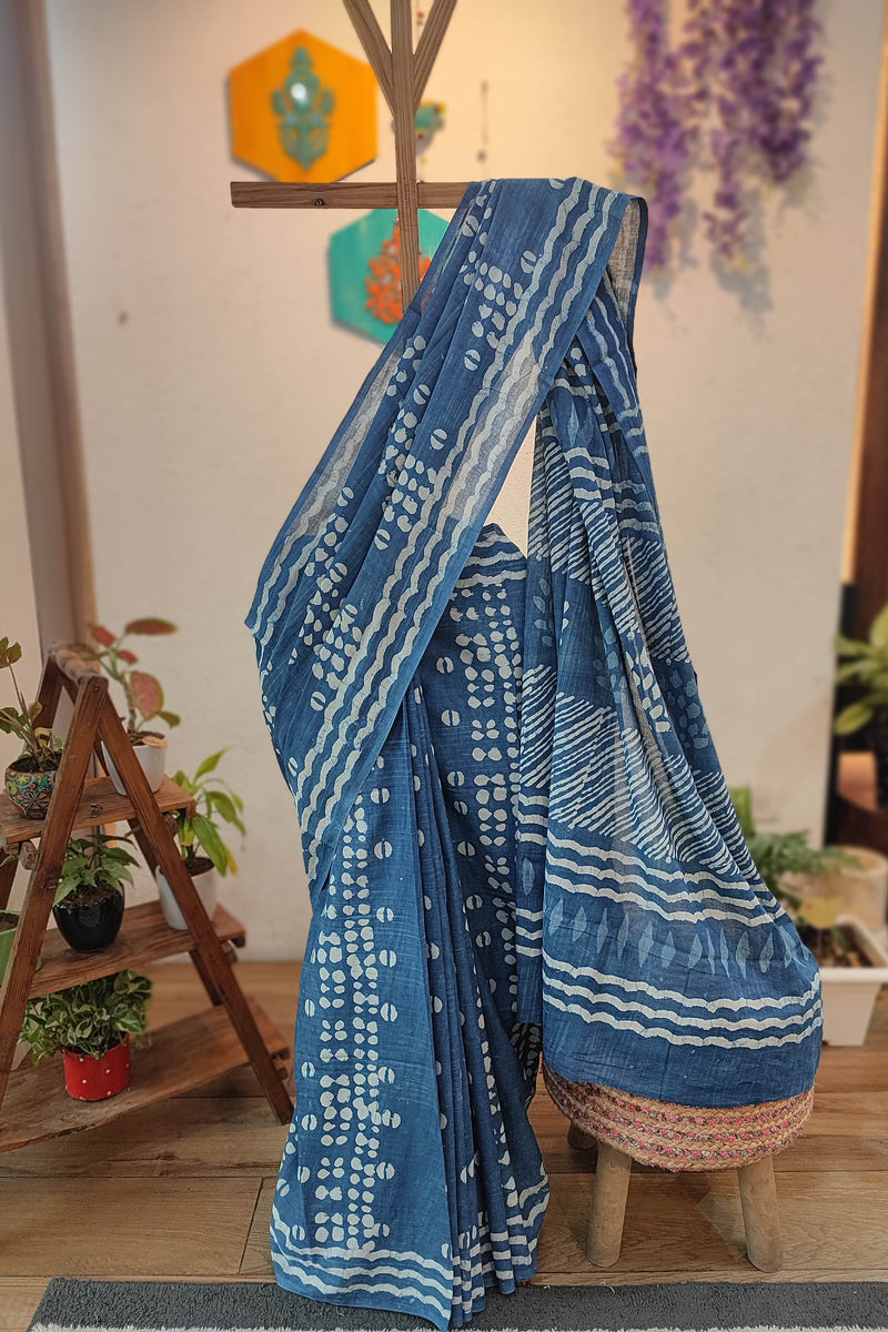 Indigo Blue Cotton Saree with White Wave & Dotted Printed Design
