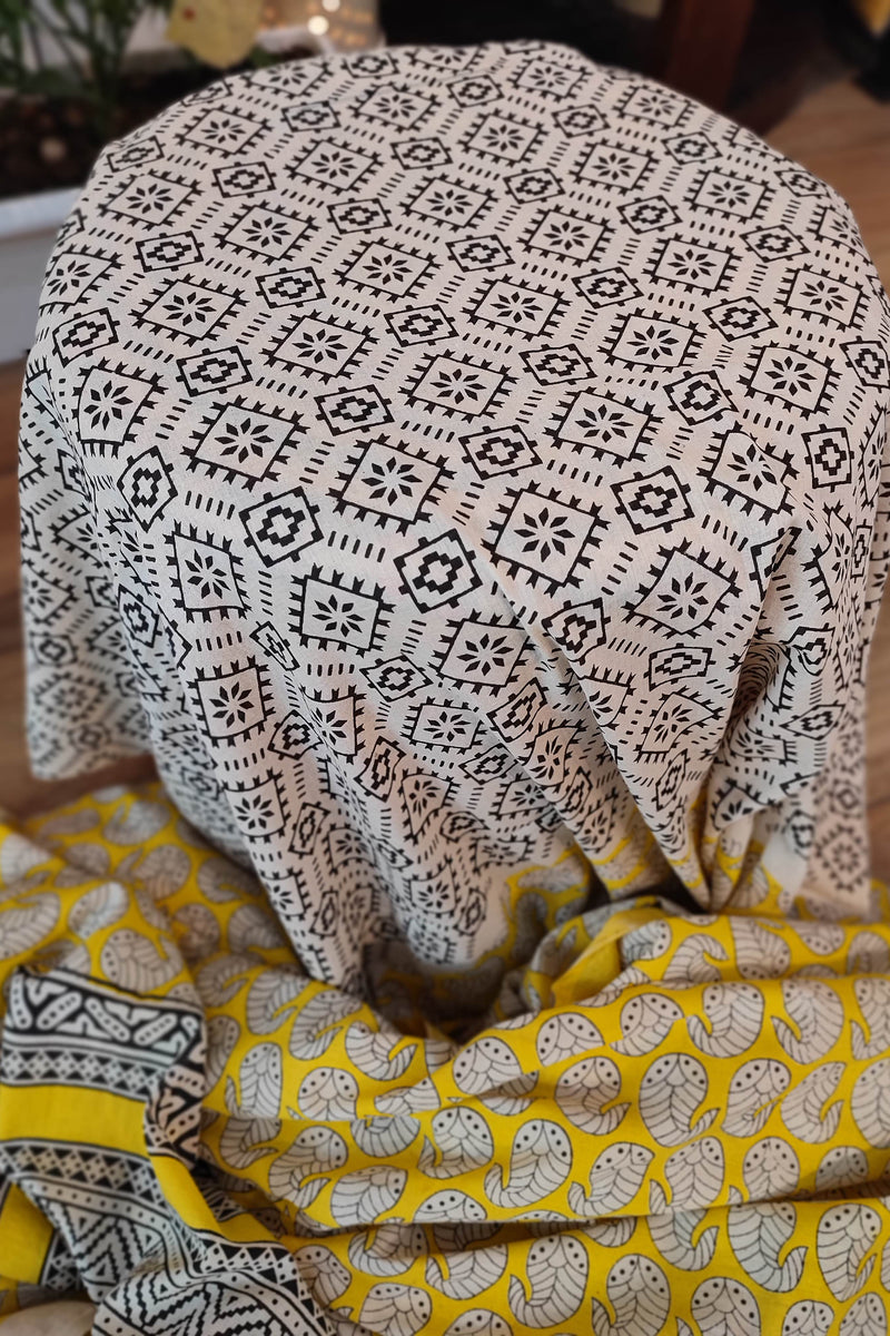 Yellow Cotton Saree with Black & White Leaf Print and Traditional Printed Pallu