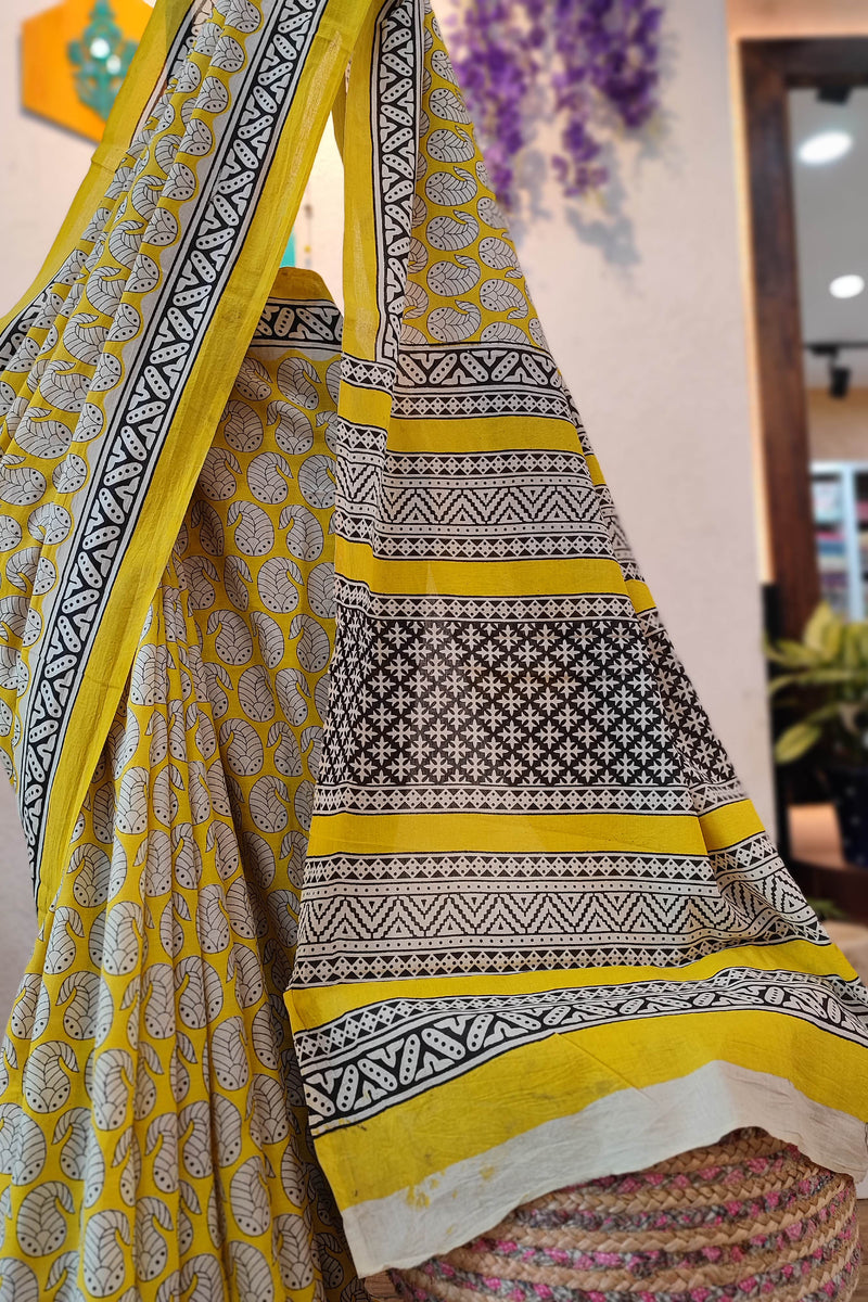 Yellow Cotton Saree with Black & White Leaf Print and Traditional Printed Pallu