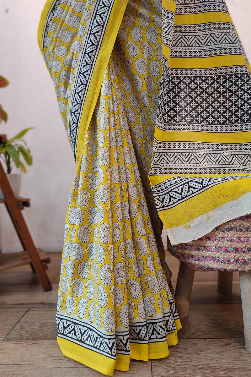 Yellow Cotton Saree with Black & White Leaf Print and Traditional Printed Pallu