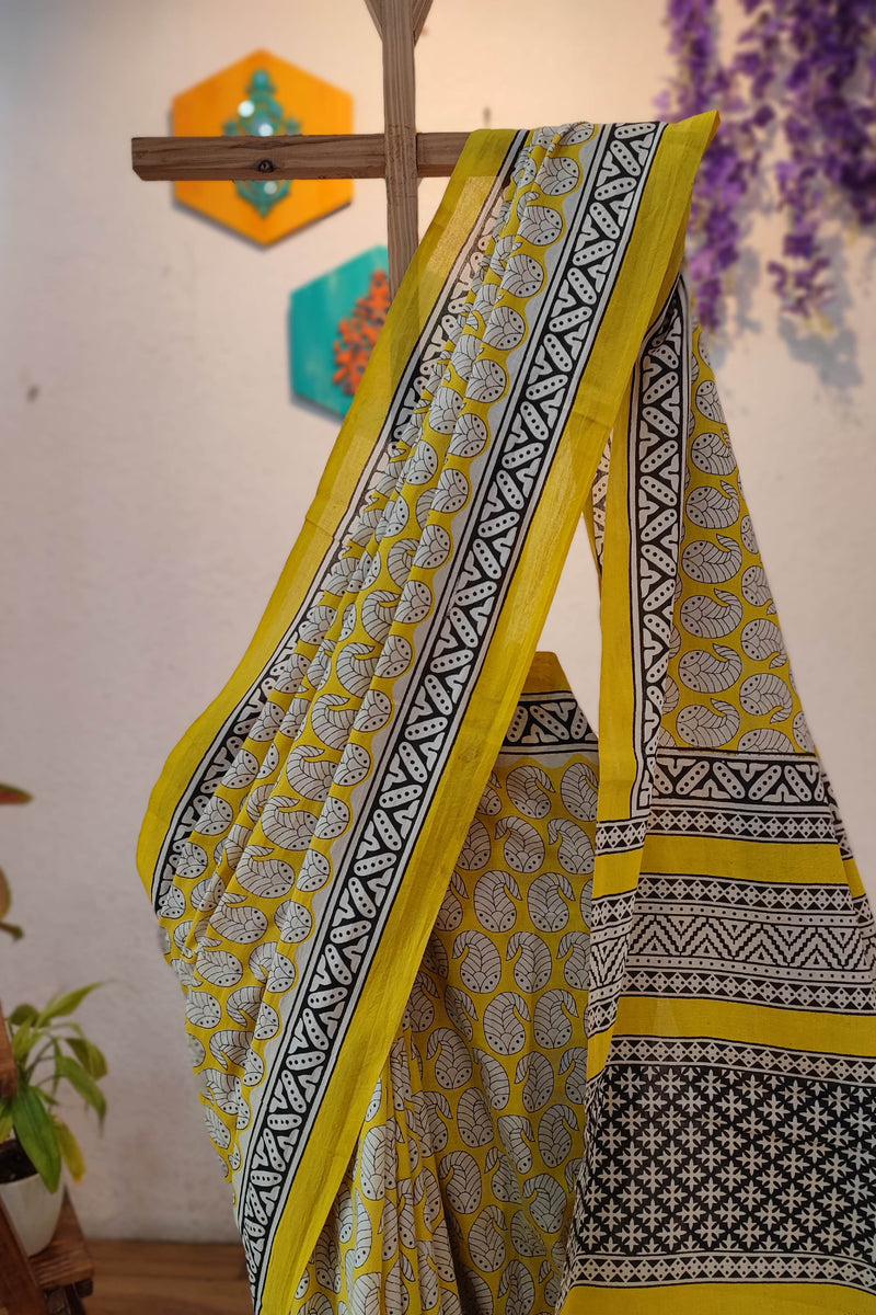 Yellow Cotton Saree with Black & White Leaf Print and Traditional Printed Pallu