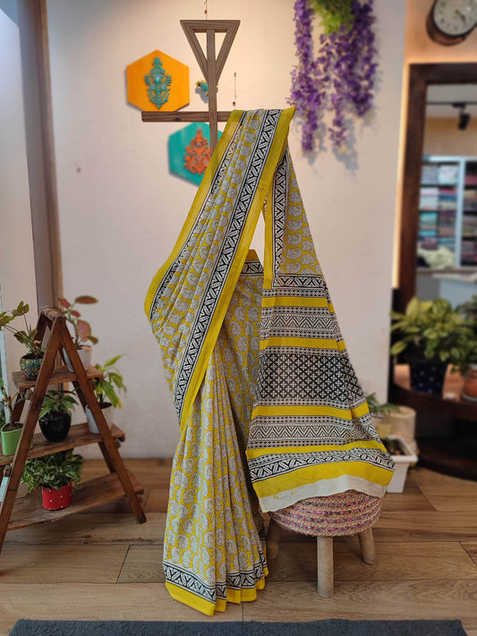 Yellow Cotton Saree with Black & White Leaf Print and Traditional Printed Pallu