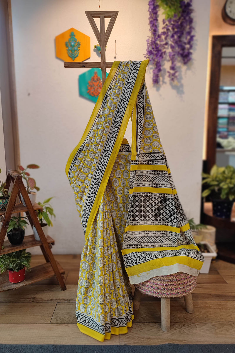 Yellow Cotton Saree with Black & White Leaf Print and Traditional Printed Pallu