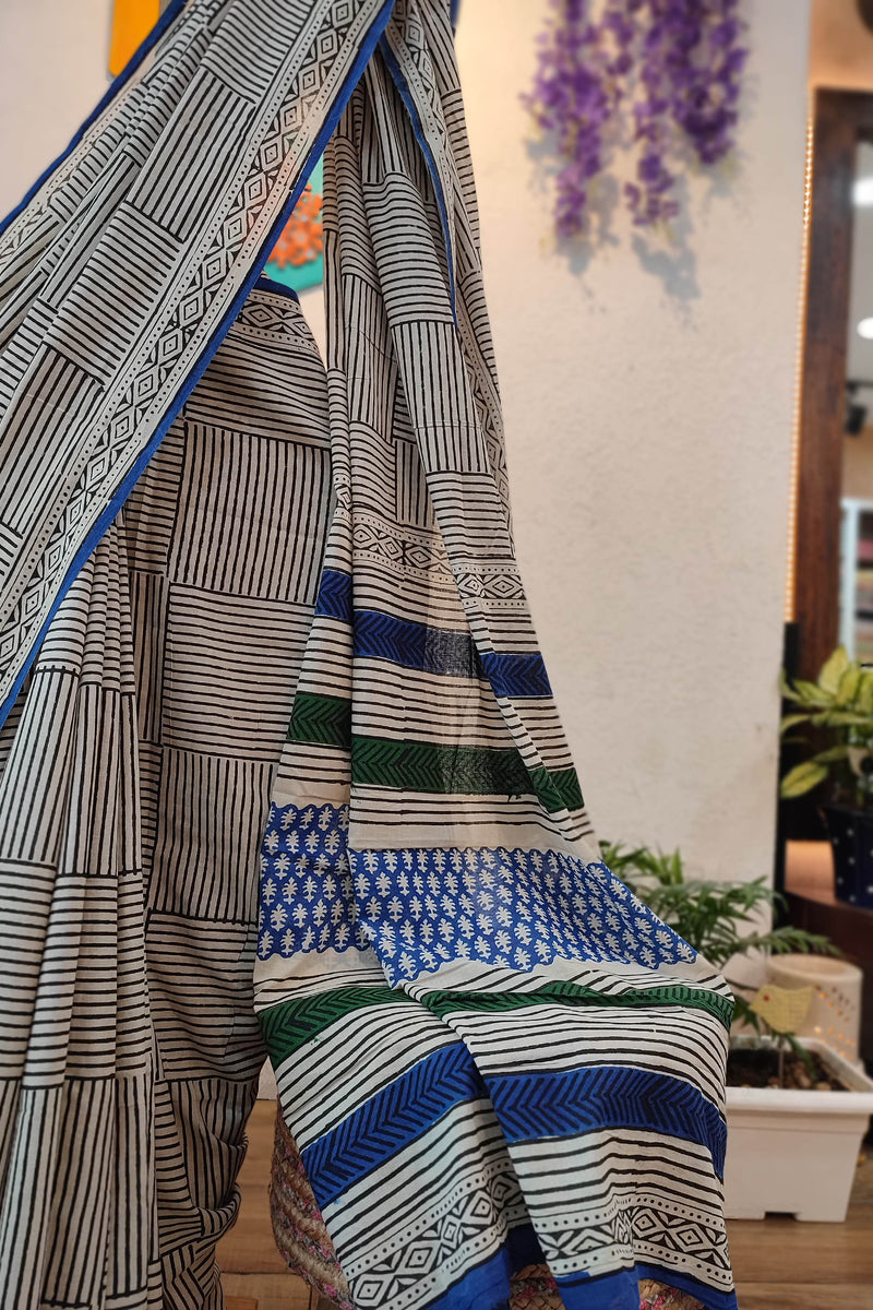 White Cotton Saree with Blue Border, Geometric Stripes & Traditional Printed Pallu