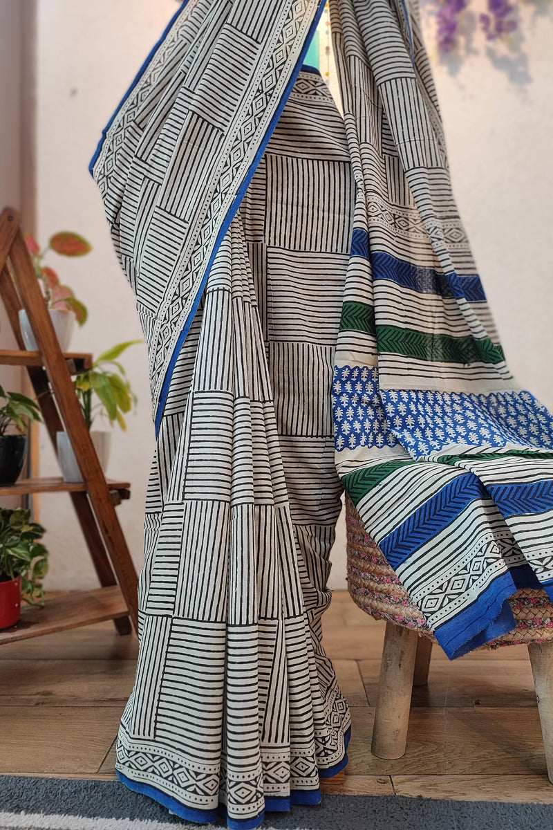 White Cotton Saree with Blue Border, Geometric Stripes & Traditional Printed Pallu