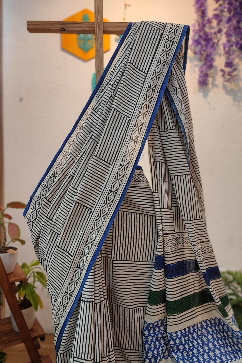White Cotton Saree with Blue Border, Geometric Stripes & Traditional Printed Pallu