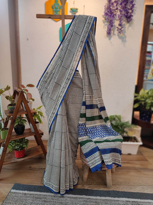 White Cotton Saree with Blue Border, Geometric Stripes & Traditional Printed Pallu