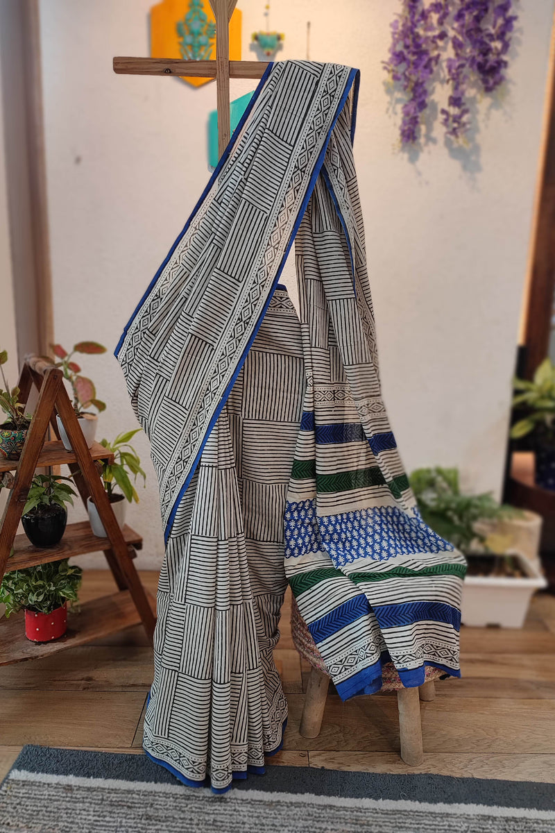 White Cotton Saree with Blue Border, Geometric Stripes & Traditional Printed Pallu