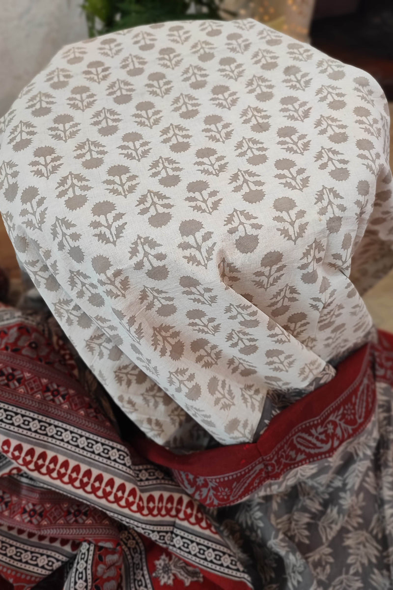 Grey Cotton Saree with Red Floral Printed Border & Traditional Printed Pallu