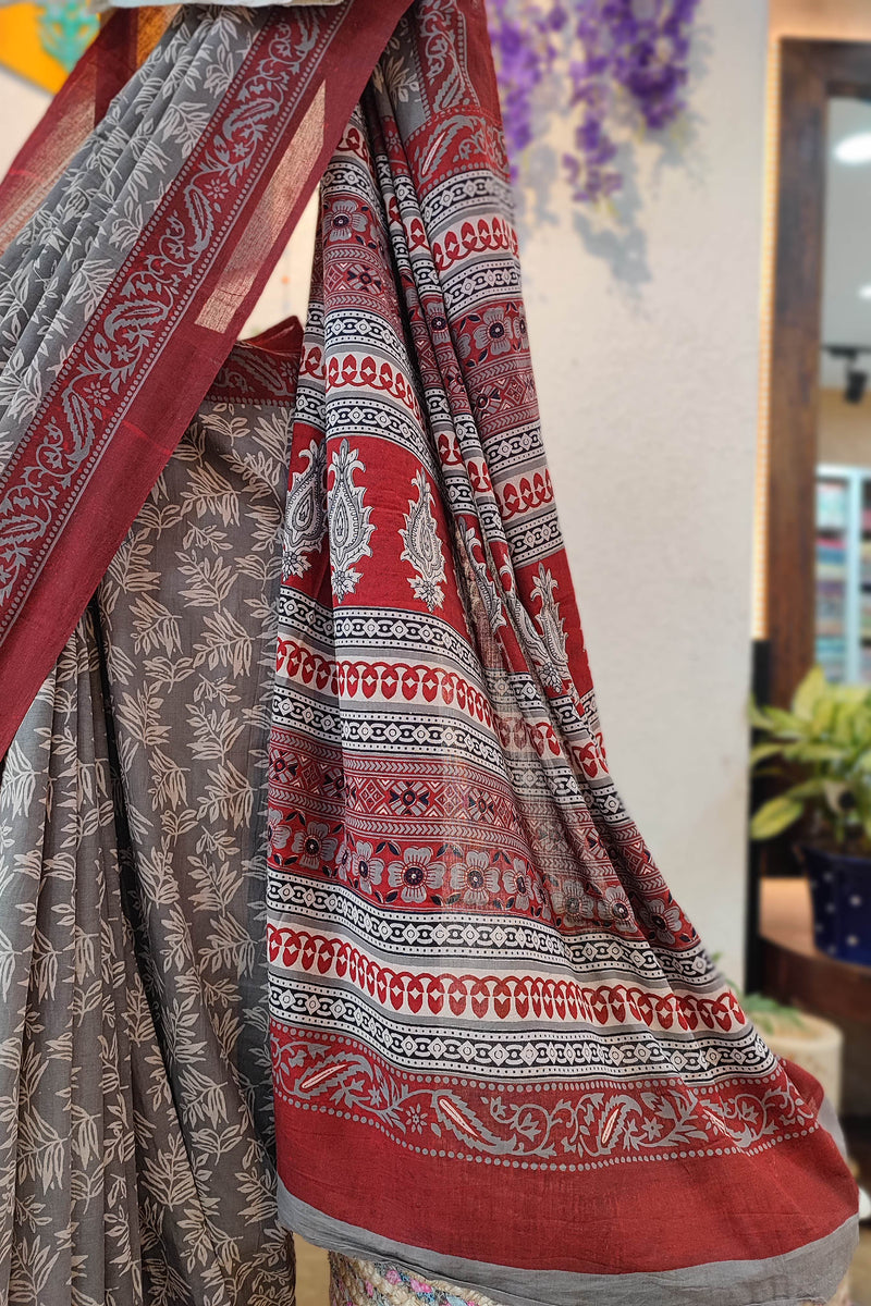 Grey Cotton Saree with Red Floral Printed Border & Traditional Printed Pallu