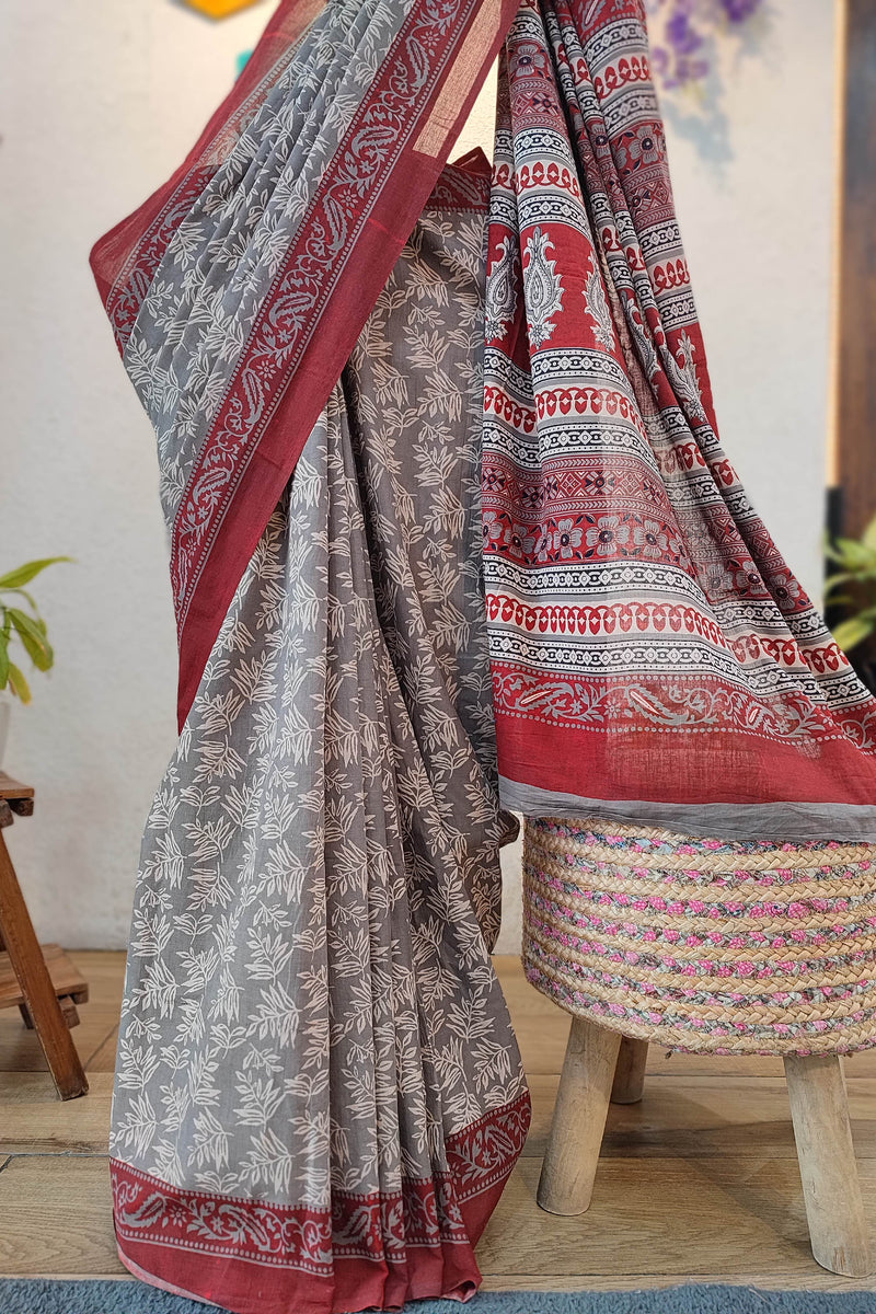Grey Cotton Saree with Red Floral Printed Border & Traditional Printed Pallu
