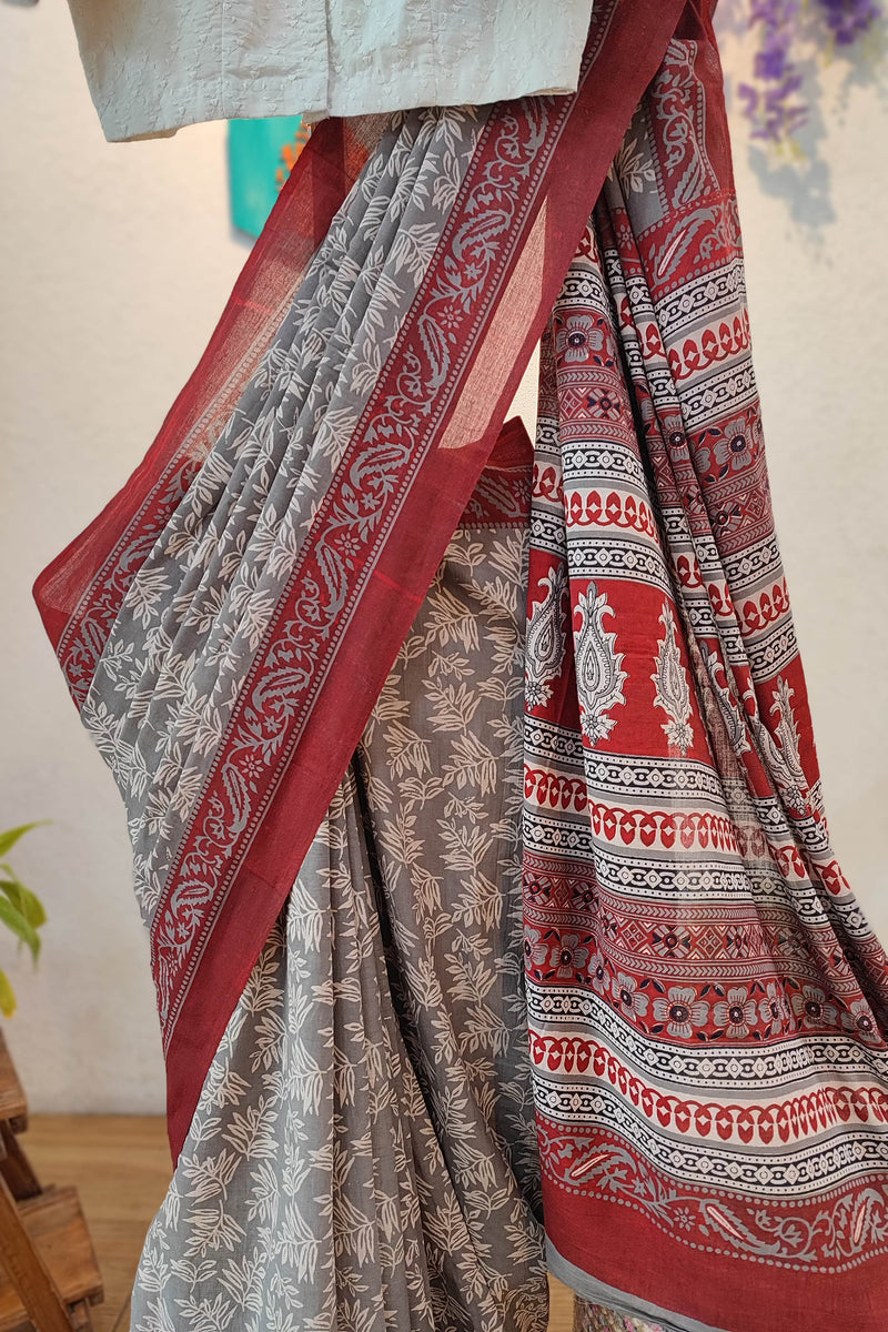 Grey Cotton Saree with Red Floral Printed Border & Traditional Printed Pallu