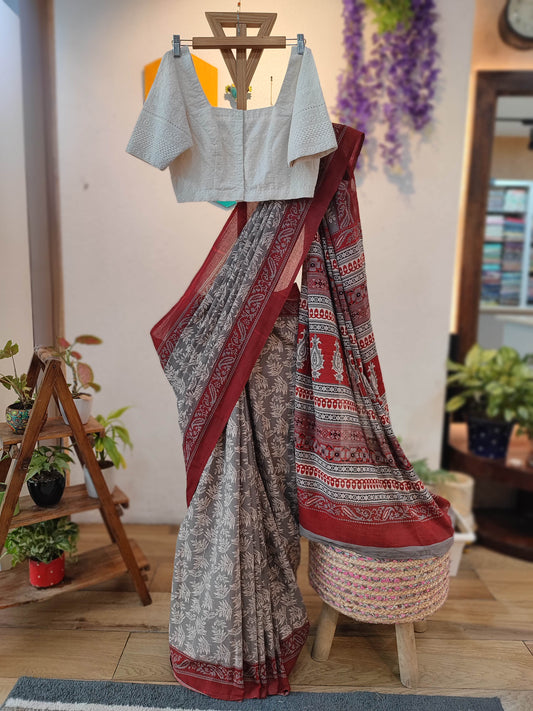 Grey Cotton Saree with Red Floral Printed Border & Traditional Printed Pallu