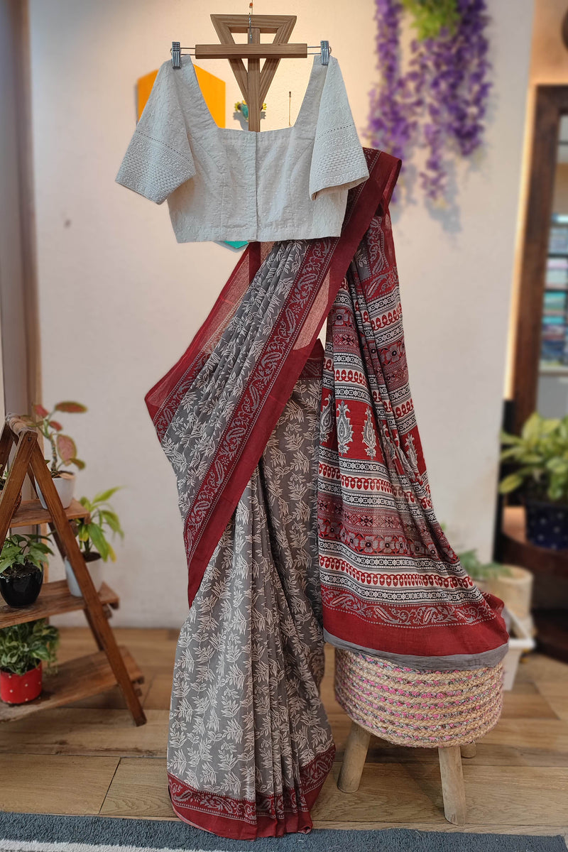 Grey Cotton Saree with Red Floral Printed Border & Traditional Printed Pallu