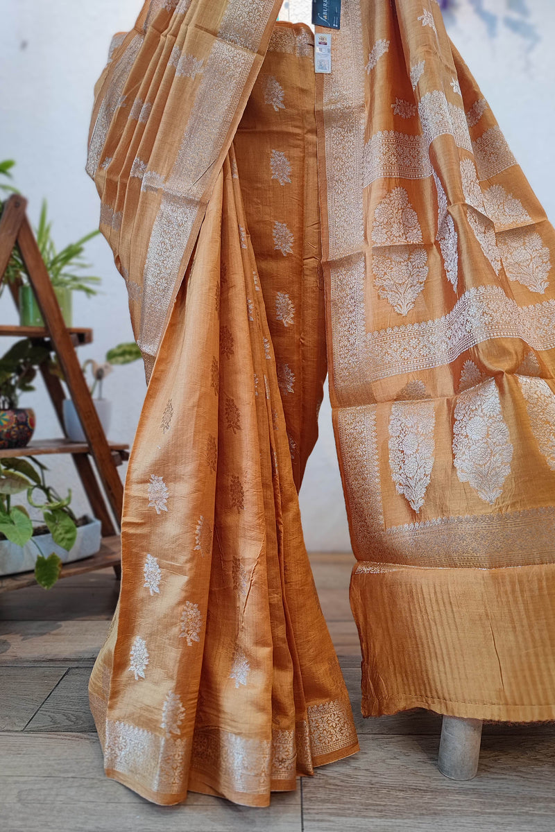 Orange Banarasi Silk Saree with Zari Butti & Rich Woven Pallu