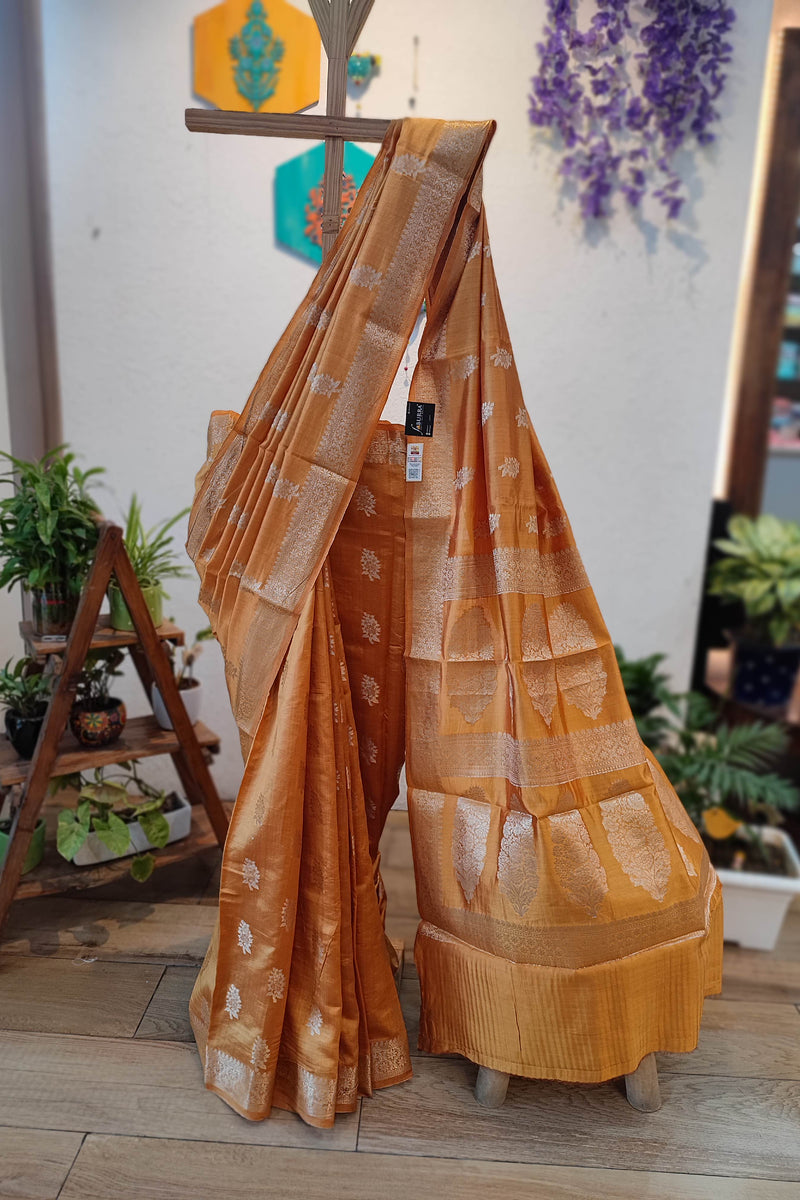 Orange Banarasi Silk Saree with Zari Butti & Rich Woven Pallu