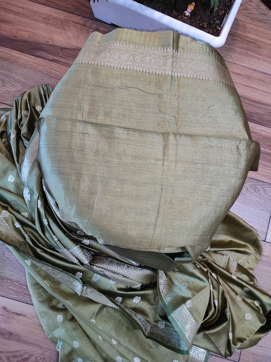 Sage Green Banarasi Silk Saree with Silver Zari Butti & Paisley Pallu