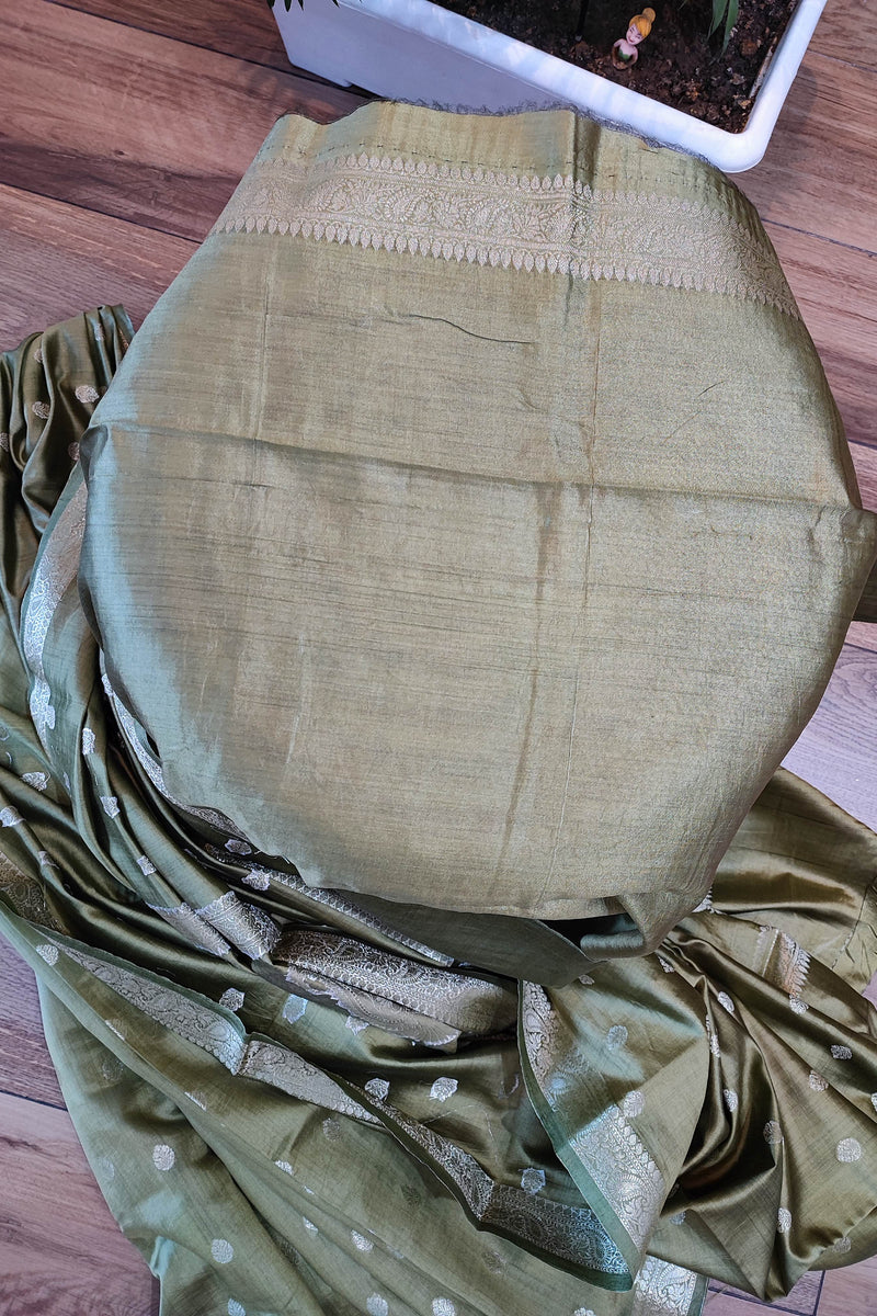 Sage Green Banarasi Silk Saree with Silver Zari Butti & Paisley Pallu