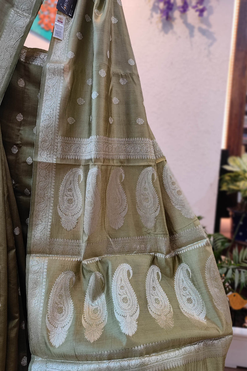 Sage Green Banarasi Silk Saree with Silver Zari Butti & Paisley Pallu