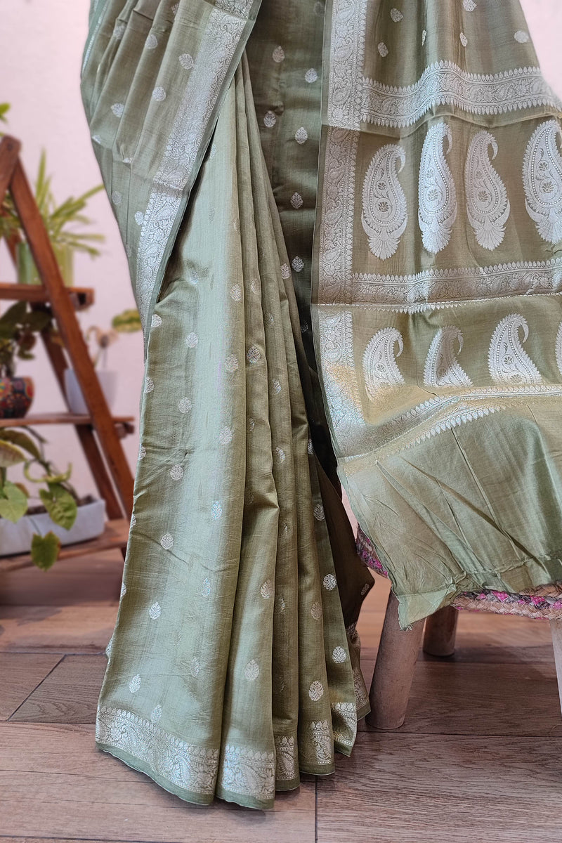 Sage Green Banarasi Silk Saree with Silver Zari Butti & Paisley Pallu